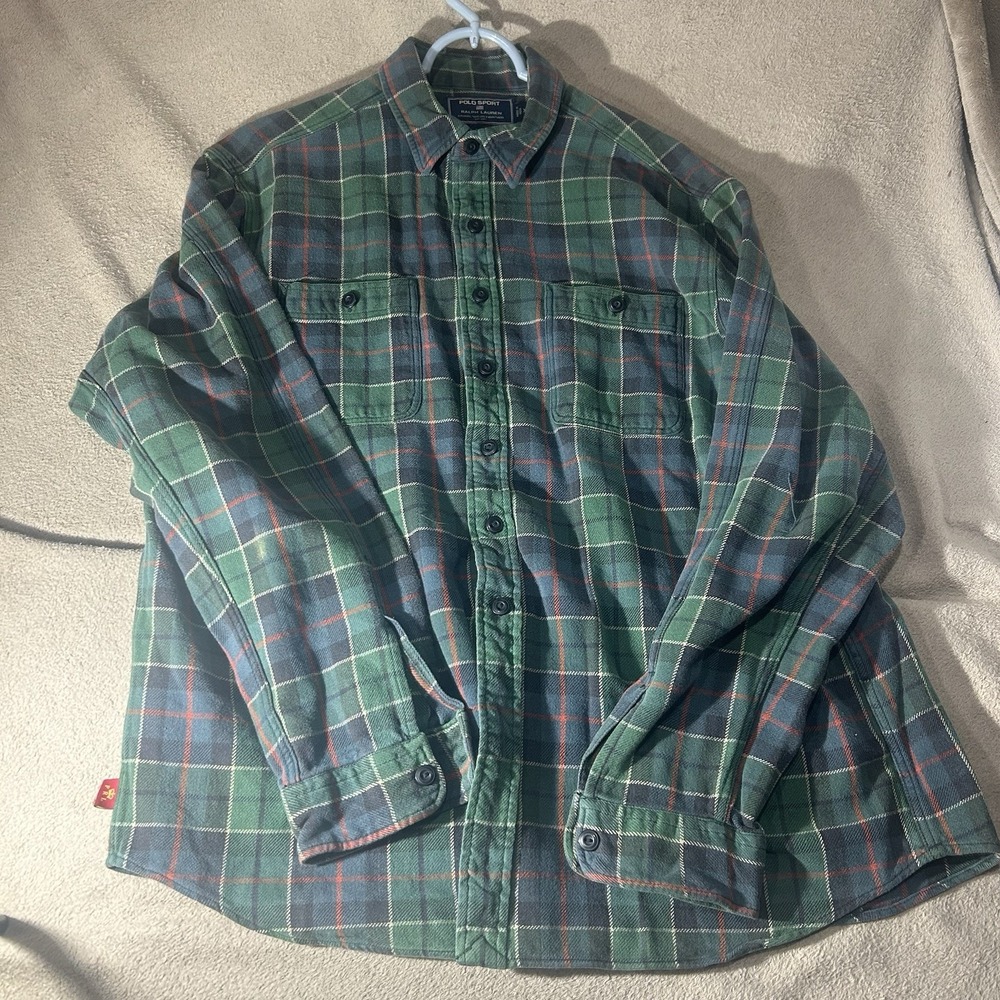 Vintage 90s Polo Sport Ralph Lauren Mens XL Green Plaid Flannel Button Up Shirt